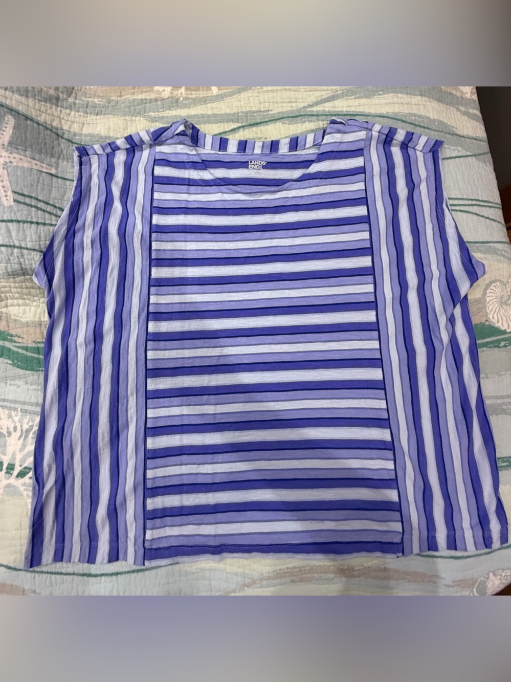 Lands’ End Relaxed Cap-Sleeve Top - Blue & Lavender Stripes - Size 2X